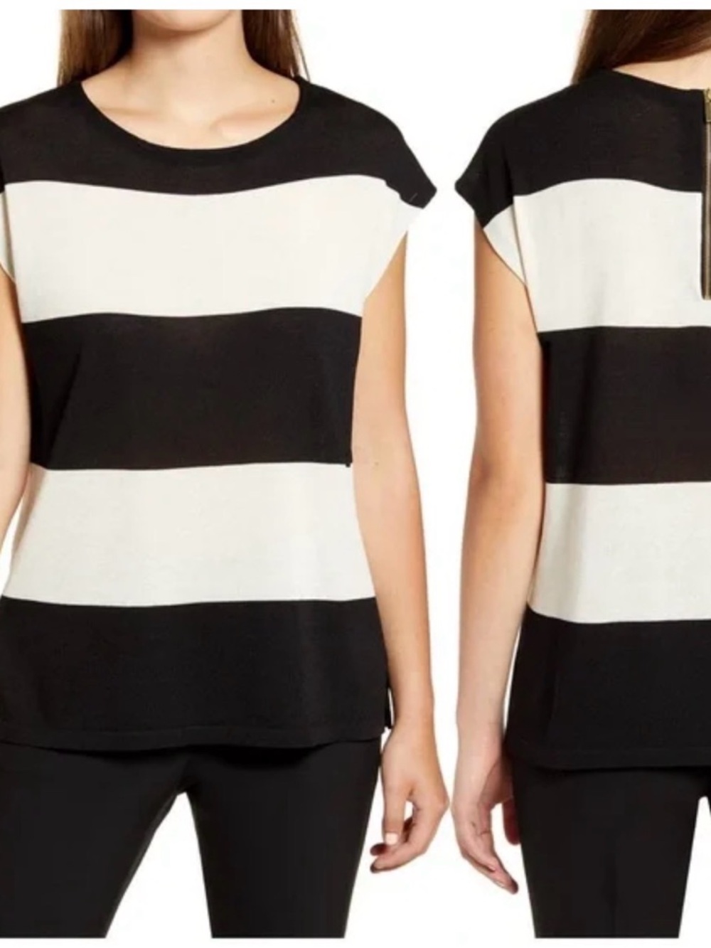 Anne Klein Black and White Wide-Stripe Short Sleeve Top